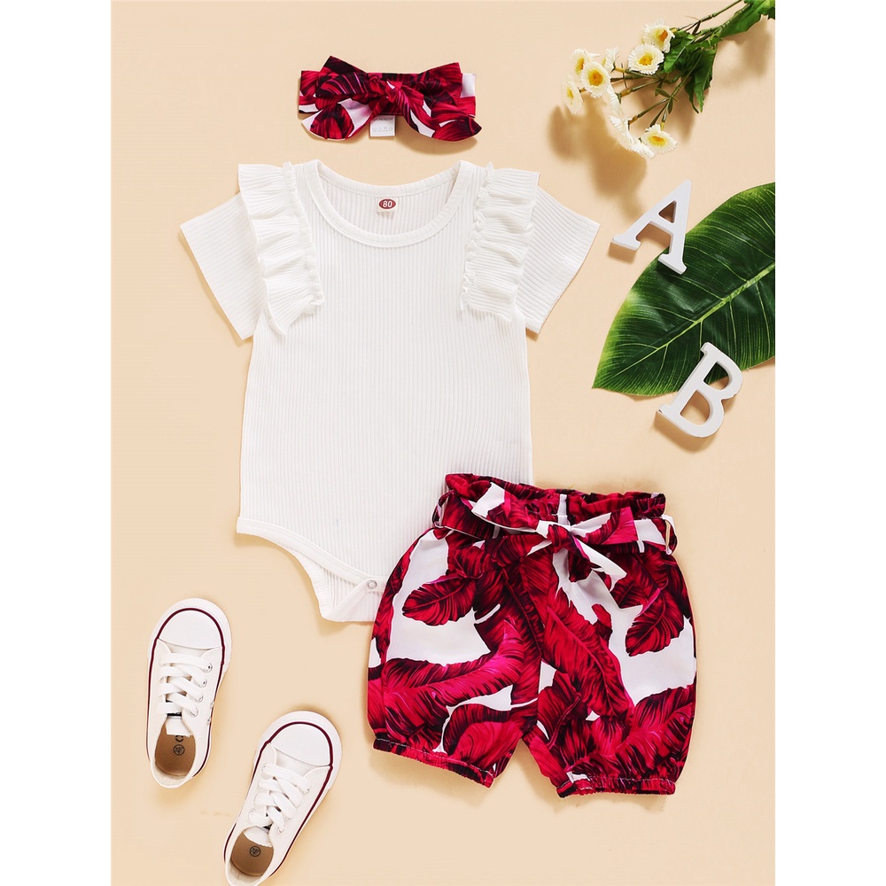 Set trang phục 3 món MIKRDOO gồm áo liền quần diềm xếp nếp màu trơn quần ngắn in hoa và băng đô