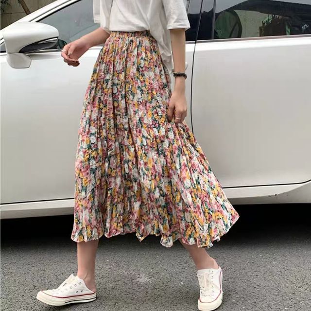 Hàng có sẵn -  Chân váy hoa nhí dài có lót trong