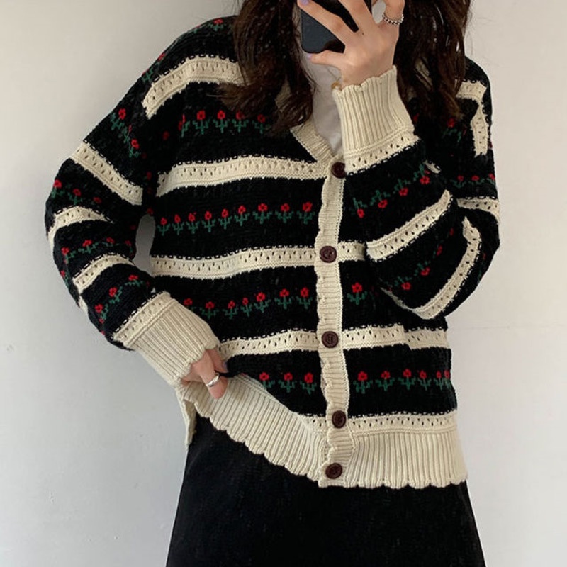 Áo Khoác Len Jacquard Tay Dài Màu Tương Phản Dáng Rộng Thời Trang Hàn Quốc Cổ Điển Dễ Phối Đồ Dành Cho Bạn