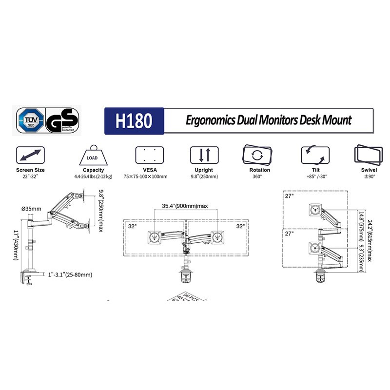 [Mã ELMS4 giảm 7% đơn 500K] [Xếp Màn Trên Dưới] Giá Treo 2 Màn Hình NB-H180 22-32 Inch New 2021 Gắn Bàn Xoay 360 Độ