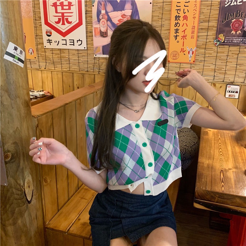 Áo khoác croptop nữ bigsize cardigan croptop áo croptop cổ lọ Áo Thun Dệt Kim Ngắn Tay Cổ polo Họa Tiết Caro Màu Sắc Retro Phong Cách Phương Tây Thời Trang Cho Nữ