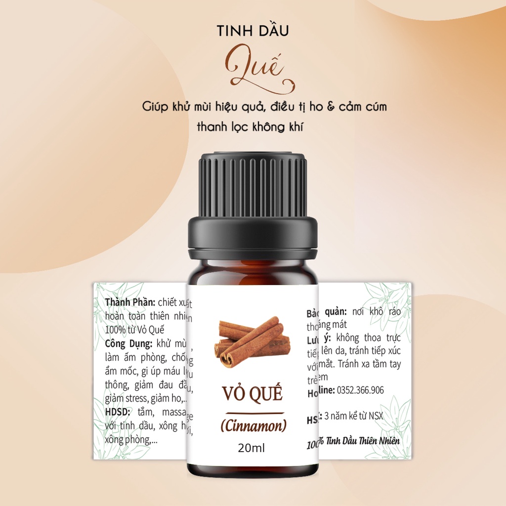 Tinh dầu Quế nguyên chất 20ml, thơm phòng, đuổi muỗi, côn trùng, khử mùi, treo xe.