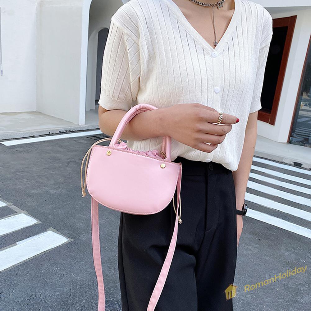 【On Sale】Fashion Women Drawstring Solid Color PU Shoulder Bag Top-handle Handbags