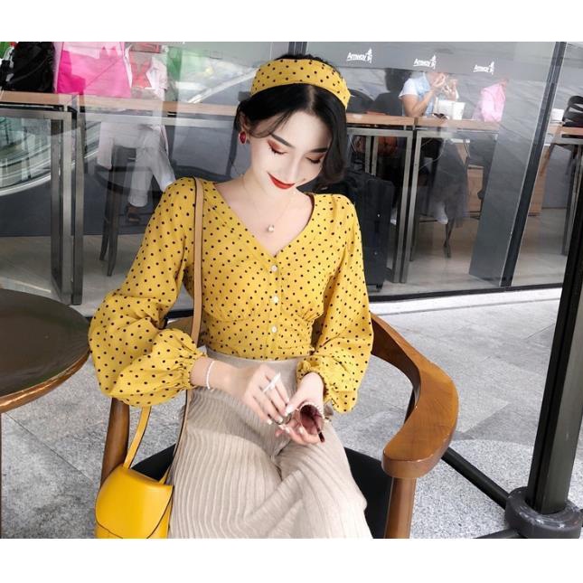 Áo sơ mi chấm bi tay dài nhún ngực kèm băng đô tóc