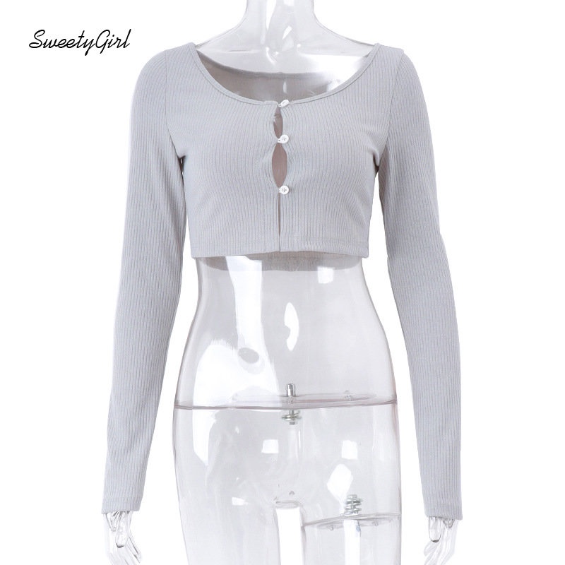 Áo Thun Crop Top Tay Dài Cổ Tròn Màu Xám Trơn Cài Nút Thời Trang 2022 Quyến Rũ Cho Nữ