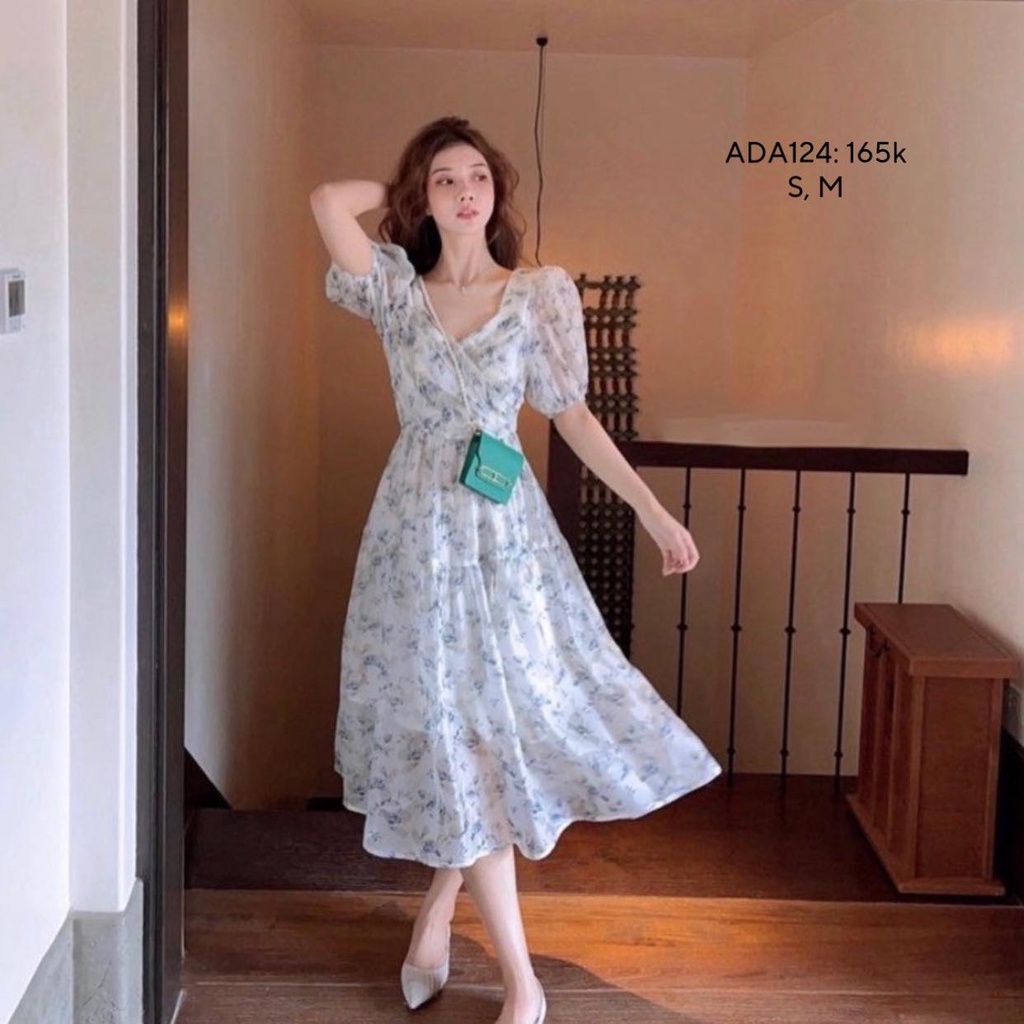 Đầm hoa nhí đầm maxi voan hoa 2 tầng tay phồng cổ V siêu xinh CHIBEST ADA124