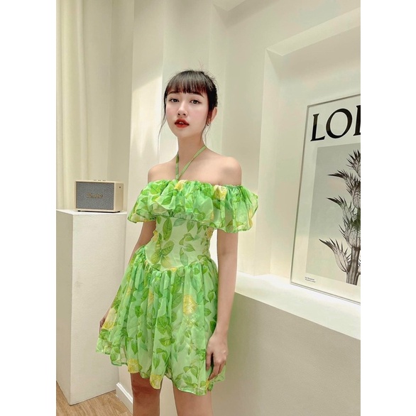 Đầm hoa bẹt vai bèo dây cổ yếm