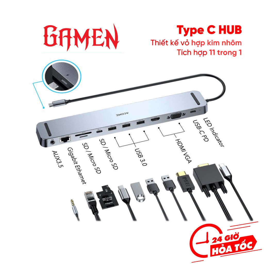 USB HUB Chuyển Đổi Type-C Acome AHT900 11 in 1 Cổng USB 3.0, SD/Micro Dành Cho Laptop