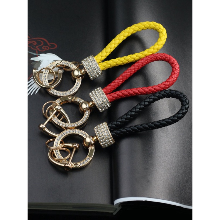 Móc Khóa Dây Da pu Bện Tay Đính Đá Cao Cấp Sáng Tạo Đa Năng