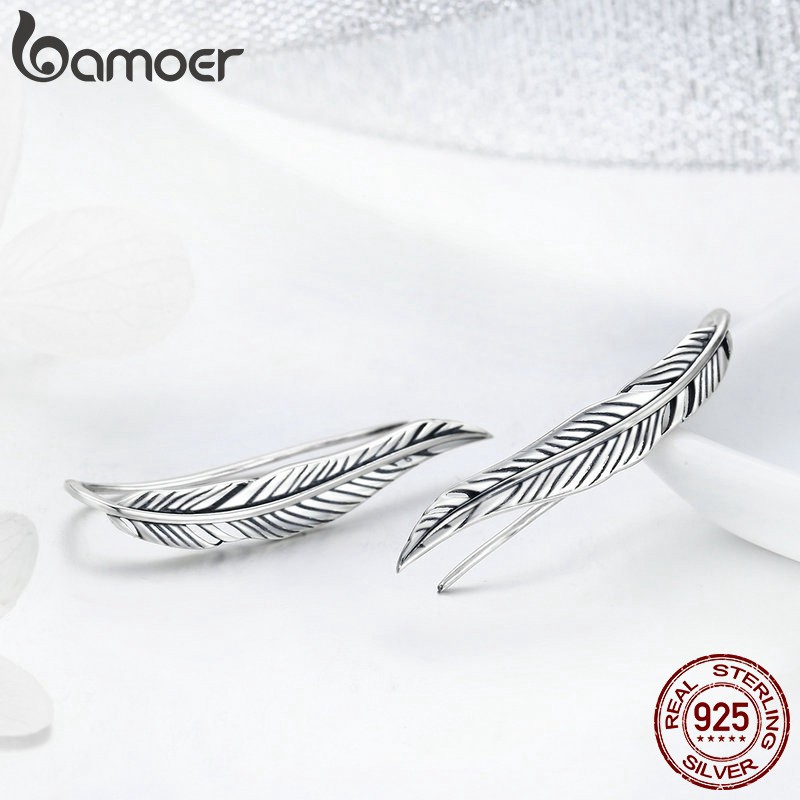 Bông Tai Bamoer Bằng Bạc 925 Hình Lông Vũ Xinh Xắn