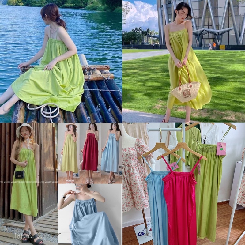 [Ảnh thật/Video] Váy hai dây đũi lụa nhún ngực dáng babydoll nhiều màu phong cách ulzzang