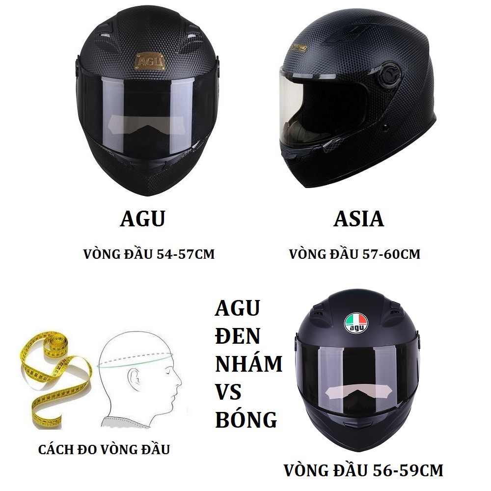 Mũ Bảo Hiểm Fullface AGU, ASIA Vân Carbon Siêu Chất - BH Chính Hãng 12 Tháng