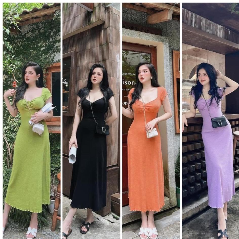 [10.10 Sale Freeship] Đầm body dáng dài cổ vuông tay ngắn có nhún ngực xòe nhẹ, đầm ôm body cực sexy dạo phố sang chảnh