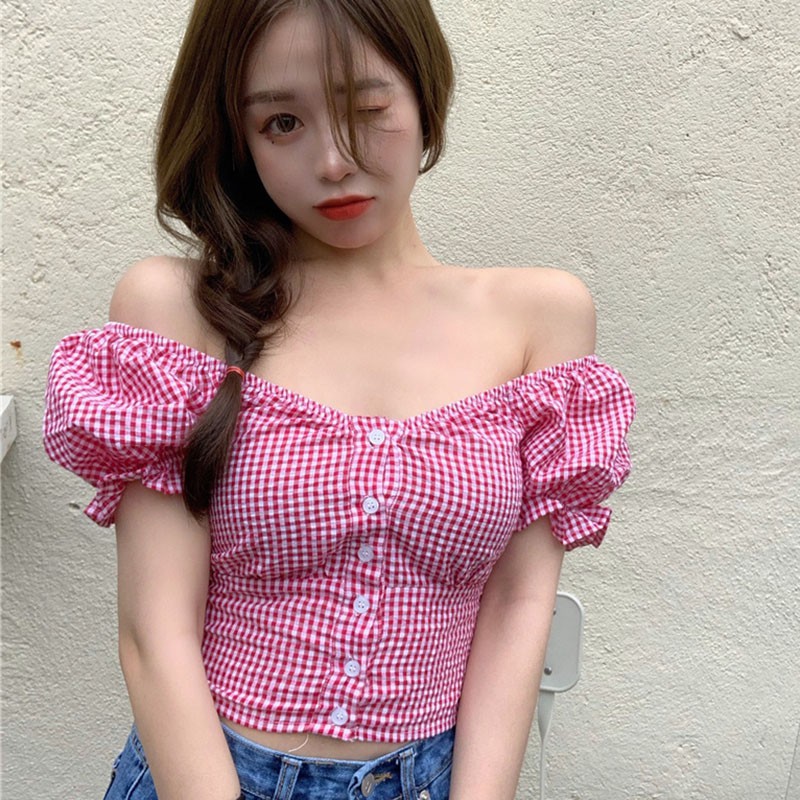 Áo Kiểu Tay Ngắn Cổ Vuông Phối Nút Hoạ Tiết Kẻ Sọc Đáng Yêu Cho Phái Nữ | BigBuy360 - bigbuy360.vn