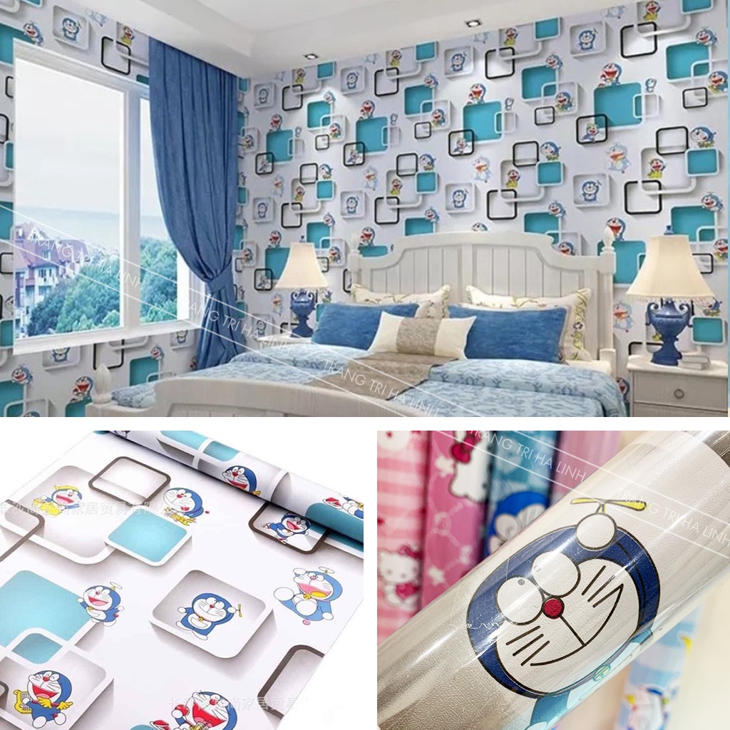 Giấy dán tường hoạt hình 3d doraemon hello kitty cho trẻ em , decal doremon dán phòng ngủ sẵn keo chống thấm nước