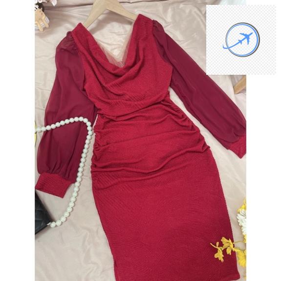 👗 Đầm body tay dài cổ V cách điệu chất thun kim tuyến cáo cấp co giãn tốt - Thời trang VADA - VB65 -KLH)( 👗