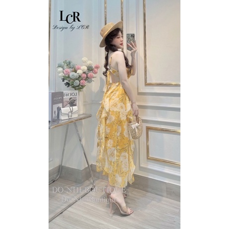 Đầm maxi hoa nữ hai dây hoạ tiết hoa hồng tua rua lưng thắt nơ