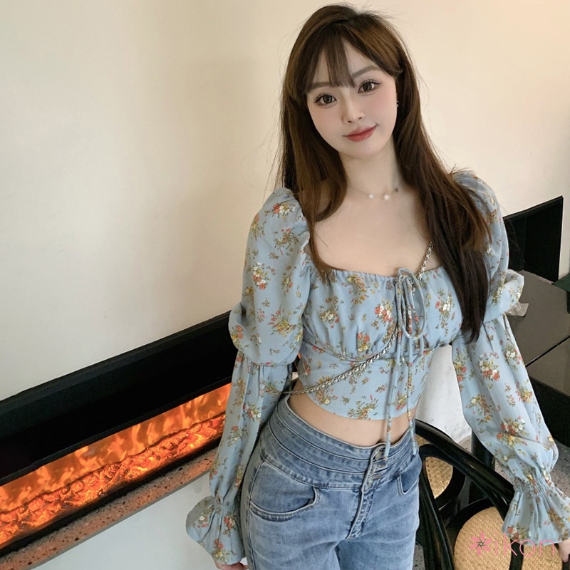 Áo Croptop Cổ Vuông Chất Liệu Chiffon Họa Tiết Hoa Quyến Rũ Cho Nữ