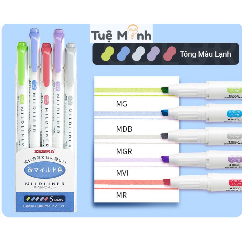 Bộ 5 bút highlight 2 đầu Zebra Mildliner Nhật Bản chính hãng, bút đánh dấu nhiều màu HI04