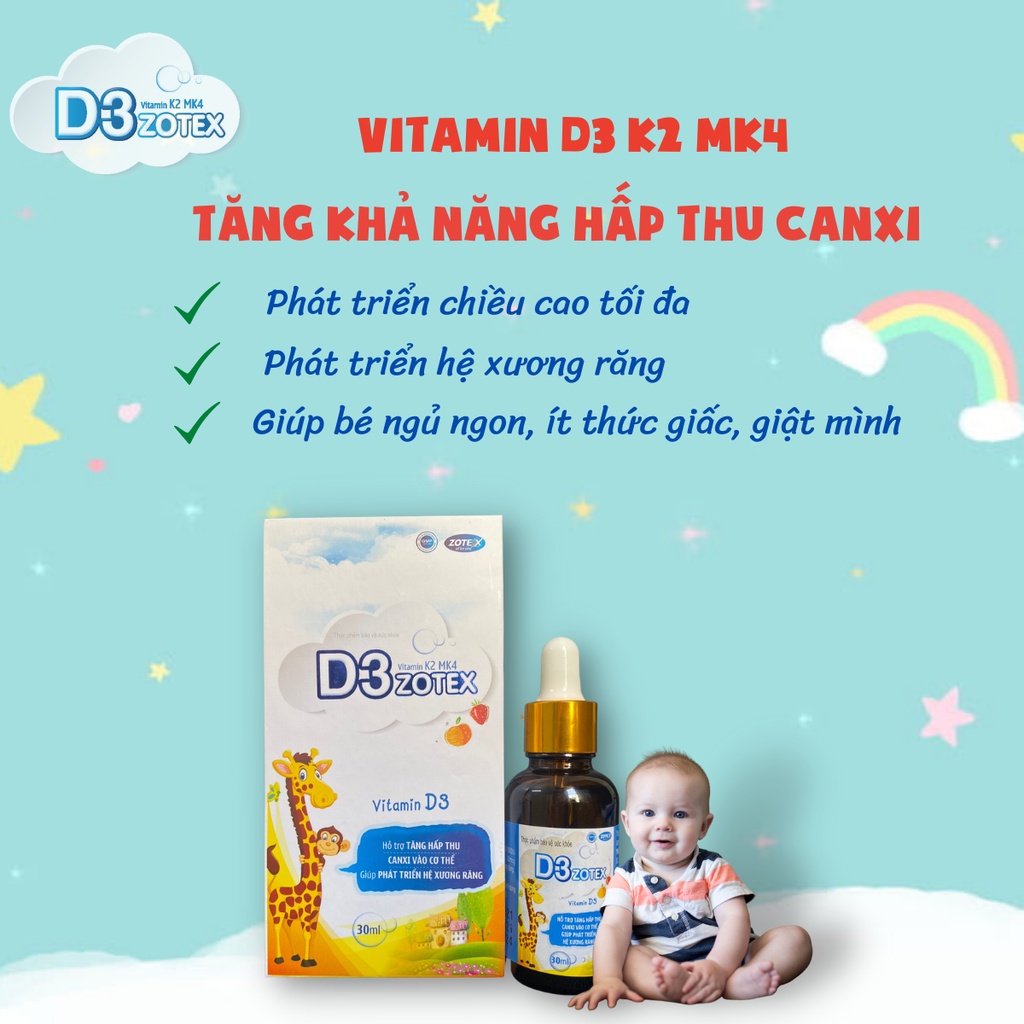 Vitamin D3 K2 MK4 Zotex tăng cường khả năng hấp thu canxi cho bé phát triển hệ xương răng chắc khỏe chống còi xương 30ml