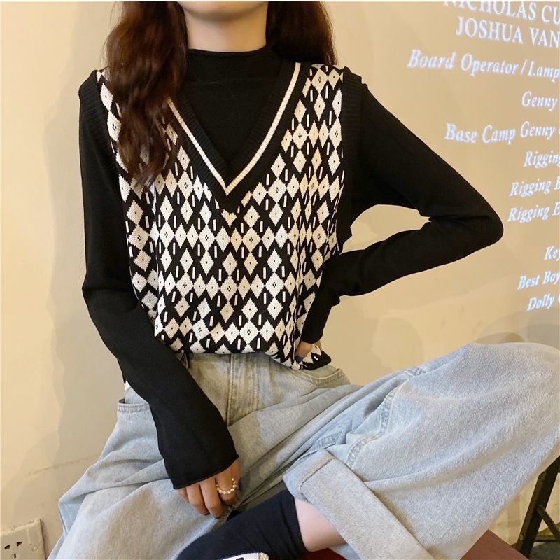 Áo gile cổ V không tay dáng rộng chất dệt kim thời trang Hàn Quốc retro cho nữ