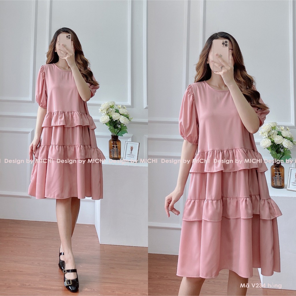 Váy suông bèo tầng dáng babydoll, đầm xuông rộng freesize, tay phồng 3 màu vàng, hồng, đen mã V234 - Michi's House