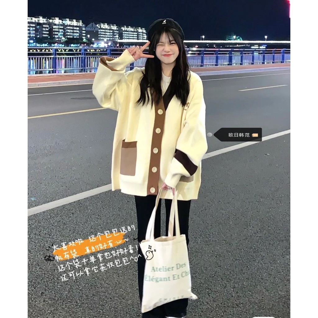 ✨Áo Khoác Cardigan Dệt Kim Dáng Rộng Thêu Chữ Màu Sắc Tương Phản Kiểu Nhật Bản Thời Trang 2022 Cho Nữ