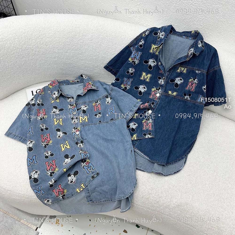 Áo sơ mi jean họa tiết mickey tay ngắn!