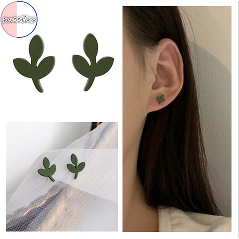 Bông tai bạc S925 hình chiếc lá màu xanh lá kiểu dáng đơn giản thời trang cho nữ