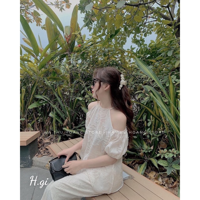 Set ren trễ vai quần dài tiểu thư xinh xắn