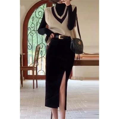 Set chân váy dài xẻ đùi kèm áo gile phong cách Hồng Kông