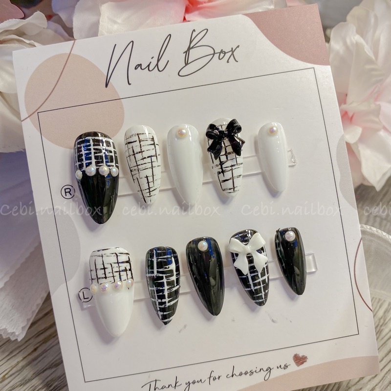 Móng úp thiết kế màu đen trắng kê dạ tròn nhọn dài đính nơ cebi.nailbox c004