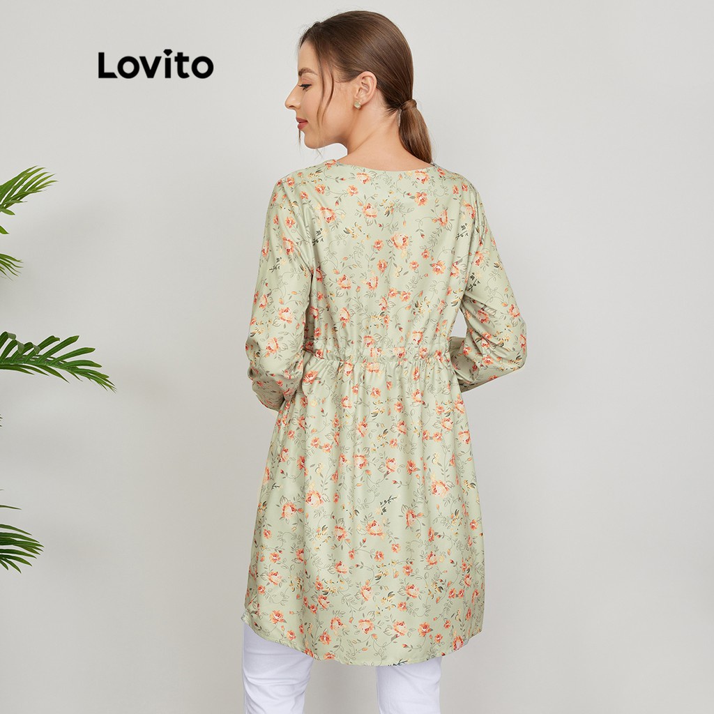 Lovito Áo sơ mi cổ tàu hoa lá vừa phải L24ED106 (Màu xanh lá cây nhạt)