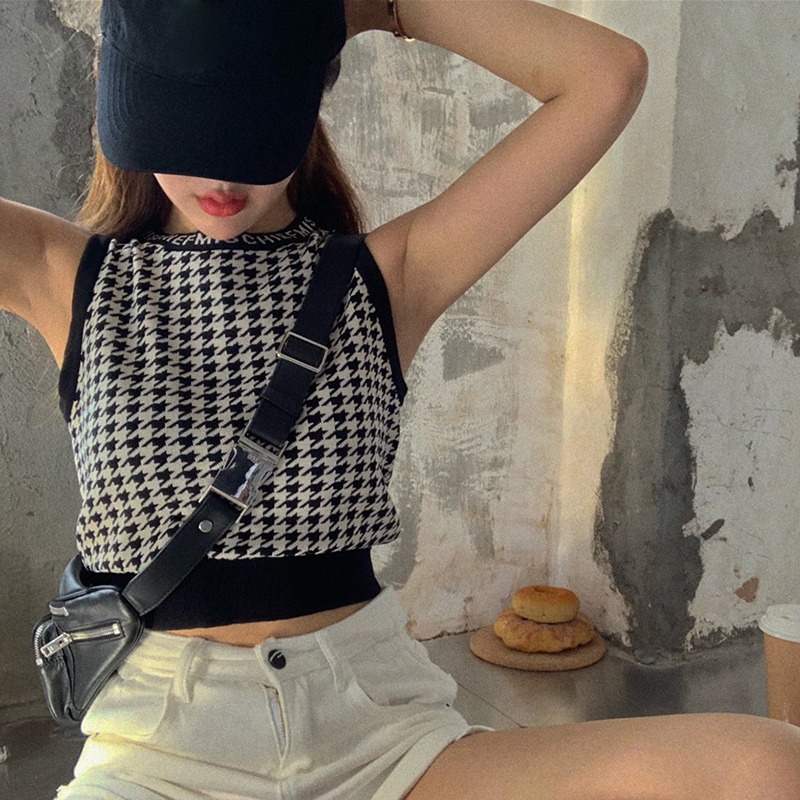 Áo croptop dệt kim không tay trọng lượng nhẹ phong cách preppy cho nữ