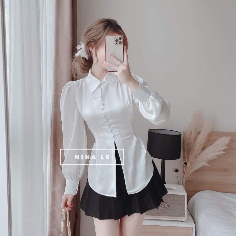 Áo sơ mi lụa nút bọc xẻ tà cột nơ lưng