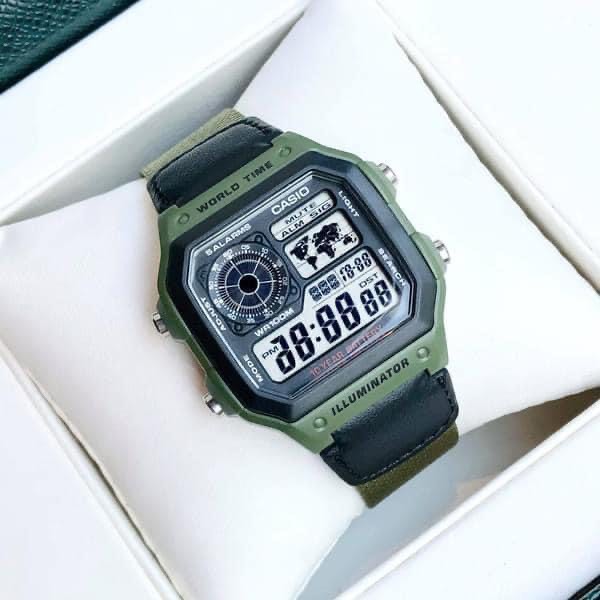 Đồng hồ Casio Nam AE-1200 dây vải thiết kế mặt vuông cổ điển chống nước - pin 10 năm xài siêu bền