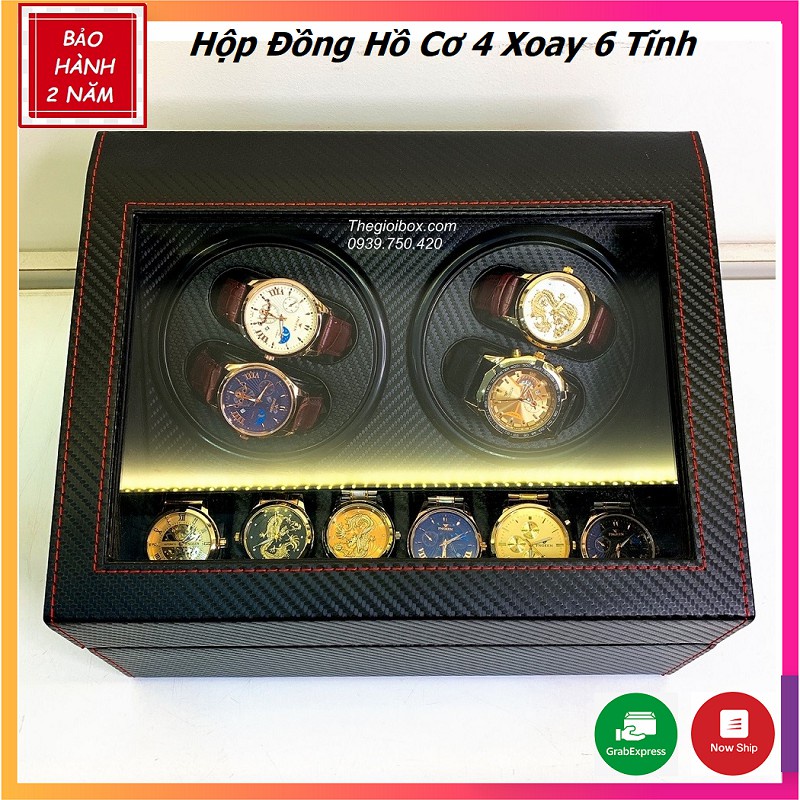 Hộp Đồng Hồ Cơ Da Cacbon - 4 Xoay + 6 Cố Định [BH 2 NĂM]