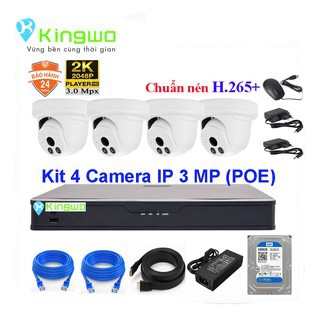 Camera Trọn Bộ - Bộ KIT 4 camera IP 3.0MP KingWo (POE) Có ổ cứng 500G,mắt KIM LOẠI chống nước-Bảo hành 2 năm 1 đổi 1