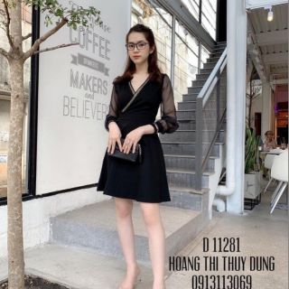 Đầm tay dài phối lưới cổ đắp chéo chạy viền
