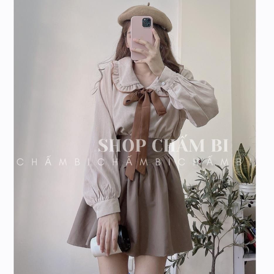 Áo sơ mi nữ thu động A.086, Áo sơ mi cổ sen viền đỏ thắt nơ tay bồng dáng dài cực xinh