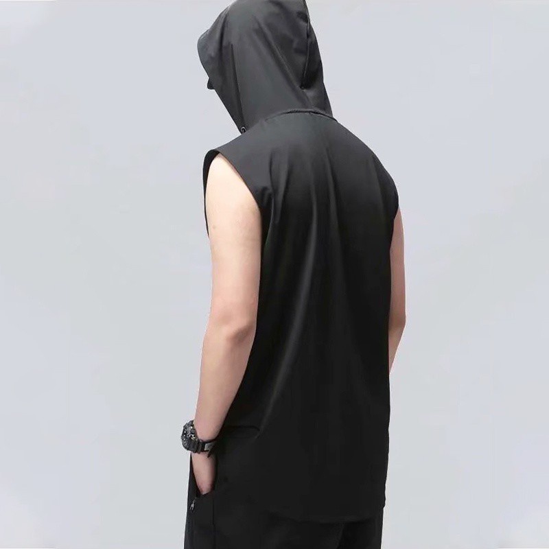 Áo thun thể thao sát nách có mũ trùm đầu vải nhanh khô năng động cá tính dành cho nam