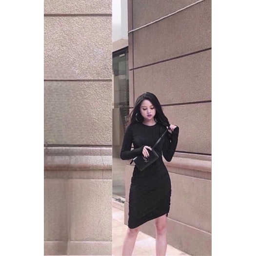Đầm thun borip tay dài rút dây hông.