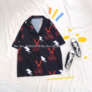 Áo sơ mi form rộng tay lở hoạ tiết thỏ BAD RABBiTS unisex nam nữ (Ảnh Thật)