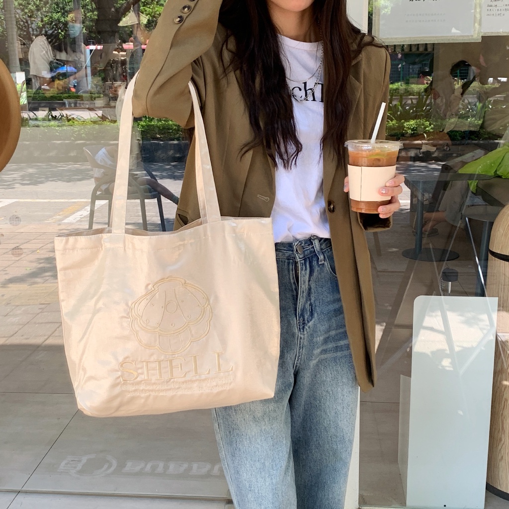 Túi Xách Tote Vải Thêu Đính Ngọc Trai Cỡ Lớn Thời Trang Sang Trọng