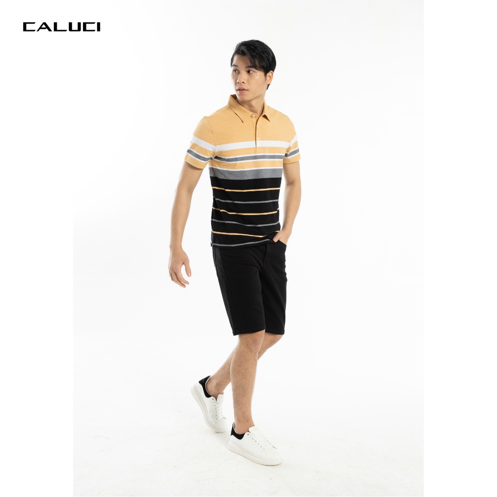 Áo polo nam CALUCI thiết kế cổ đức, dáng suông nhẹ, họa tiết kẻ ngang, chất liệu vải mềm mại và co dãn tốt MPS209R