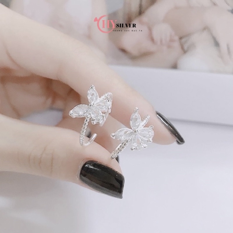 Nhẫn bạc ta hồ điệp nạm đá nhẫn hở Freesize nhẫn nữ bạc ta bươm bướm