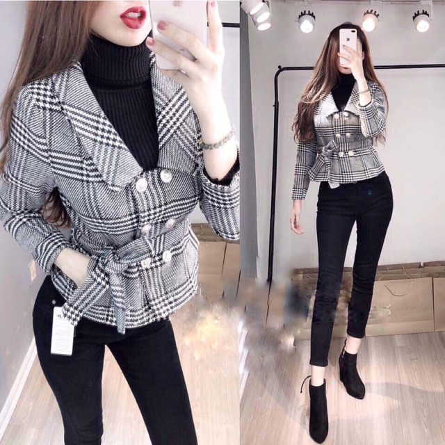 Sale Áo khoác dạ kẻ peplum thời trang