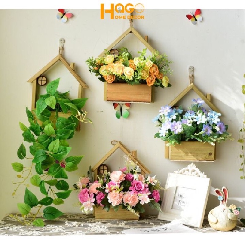 Giỏ hoa, lẵng hoa treo tường gỗ thông cao cấp cắm sẵn nhiều mẫu hoa xinh xẵn( tặng kèm móc treo)