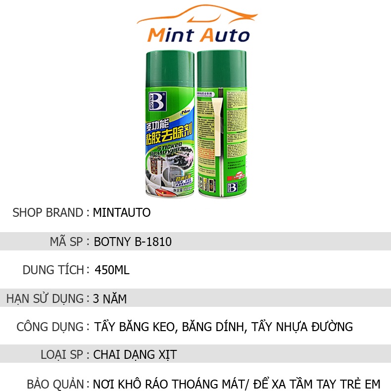 Bình Xịt Tẩy Keo Băng Dính BOTNY Sticker Remover - Làm Sạch Vết Băng Dính Keo Dán Mọi Bề Mặt - MINTAUTO