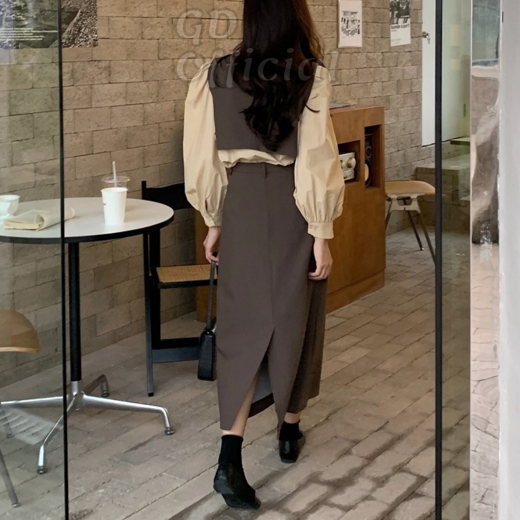 B19|Set bộ blazer nữ áo gile khoác croptop, váy bút chì dài rộng xẻ tà gd_order